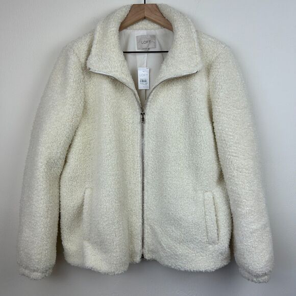 Loft Teddy Coat Jacket Womens Large Cream Boucle Faux Fur Zip Pockets Ladies New - Picture 1 of 13